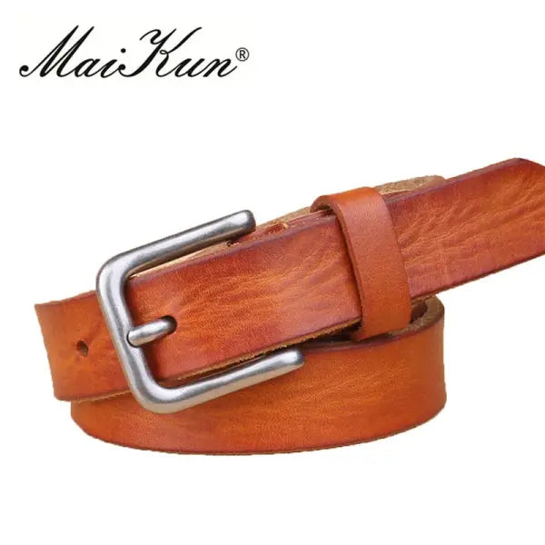 Genuine Leather Pin Buckle Belt Cowhide Cowboy Style - Orange / 100cm