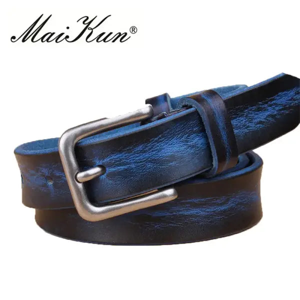 Genuine Leather Pin Buckle Belt Cowhide Cowboy Style - Blue / 105cm