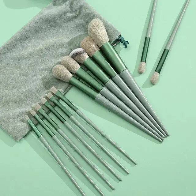 Makeup Brushes Set – 13-Piece Professional Brush Set with Bag - Green