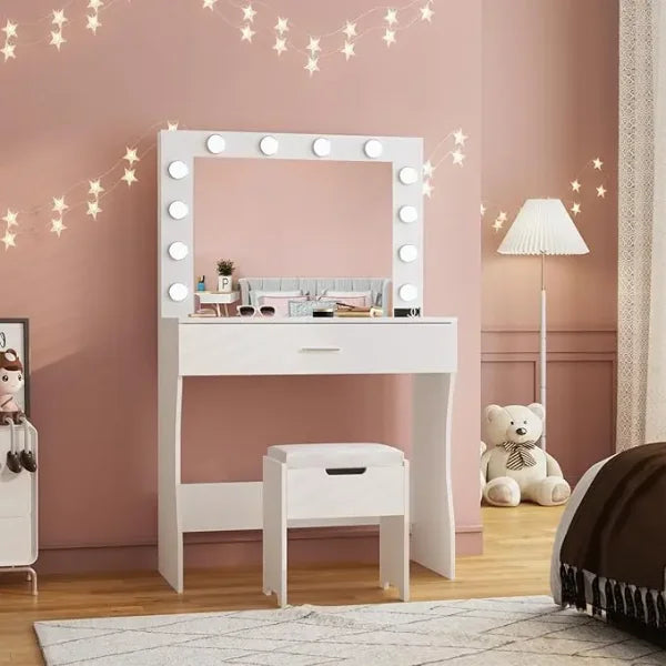 Makeup Vanity Set with Light Mirror & Charging Station – Adjustable Brightness 3 Lighting Modes Soft Cushioned Chair