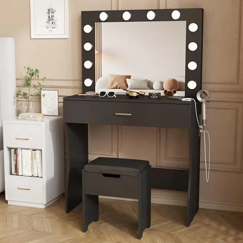 Makeup Vanity Set with Light Mirror & Charging Station – Adjustable Brightness 3 Lighting Modes Soft Cushioned Chair