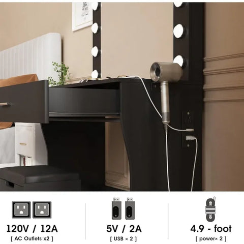 Makeup Vanity Set with Light Mirror & Charging Station – Adjustable Brightness 3 Lighting Modes Soft Cushioned Chair
