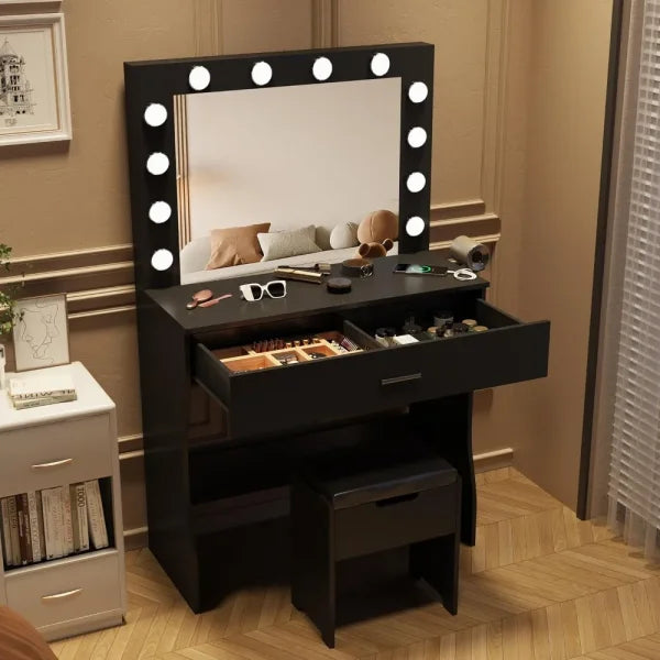 Makeup Vanity Set with Light Mirror & Charging Station – Adjustable Brightness 3 Lighting Modes Soft Cushioned Chair
