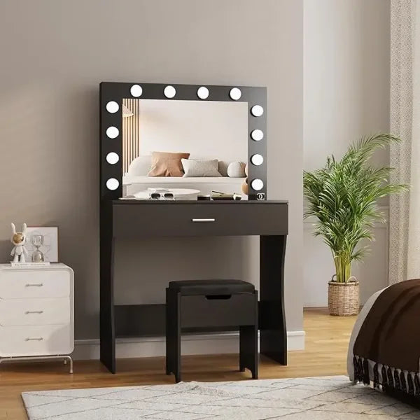 Makeup Vanity Set with Light Mirror & Charging Station – Adjustable Brightness 3 Lighting Modes Soft Cushioned Chair