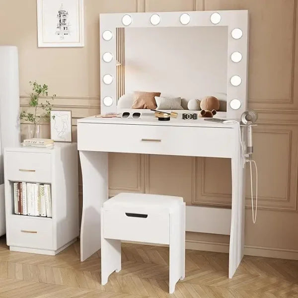 Makeup Vanity Set with Light Mirror & Charging Station – Adjustable Brightness 3 Lighting Modes Soft Cushioned Chair