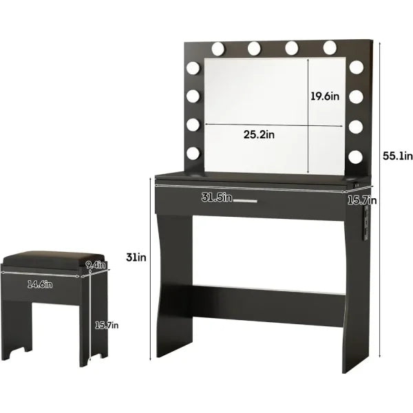 Makeup Vanity Set with Light Mirror & Charging Station – Adjustable Brightness 3 Lighting Modes Soft Cushioned Chair
