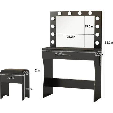 Makeup Vanity Set with Light Mirror & Charging Station – Adjustable Brightness 3 Lighting Modes Soft Cushioned Chair