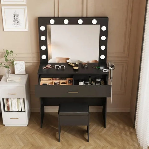 Makeup Vanity Set with Light Mirror & Charging Station – Adjustable Brightness 3 Lighting Modes Soft Cushioned Chair