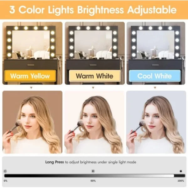 Makeup Vanity Set with Light Mirror & Charging Station – Adjustable Brightness 3 Lighting Modes Soft Cushioned Chair