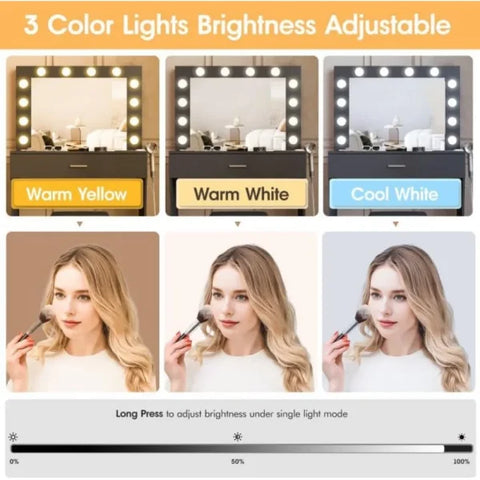 Makeup Vanity Set with Light Mirror & Charging Station – Adjustable Brightness 3 Lighting Modes Soft Cushioned Chair