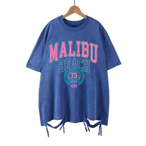 Malibu Beach Vintage Washed T-Shirt - California Coastal Graphic Tee - Oversized Comfort Cotton Crewneck for Women