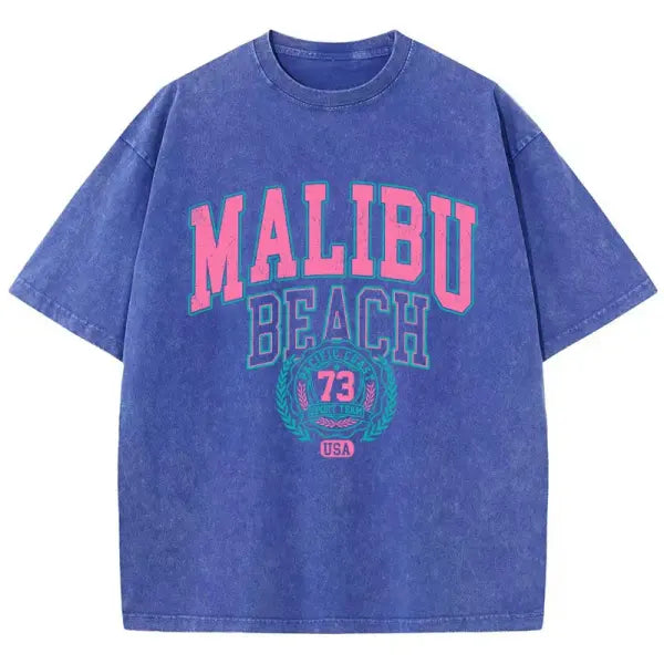 Malibu Beach Vintage Washed T-Shirt - California Coastal Graphic Tee - Oversized Comfort Cotton Crewneck for Women
