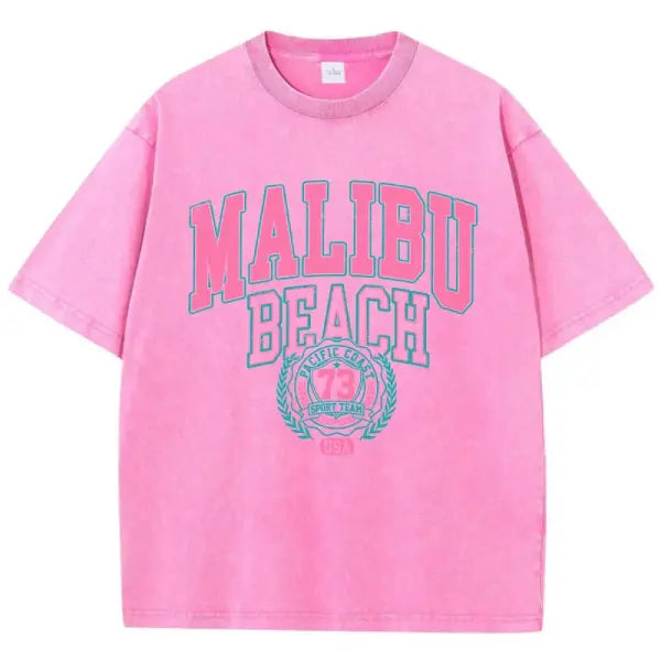 Malibu Beach Vintage Washed T-Shirt - California Coastal Graphic Tee - Oversized Comfort Cotton Crewneck for Women