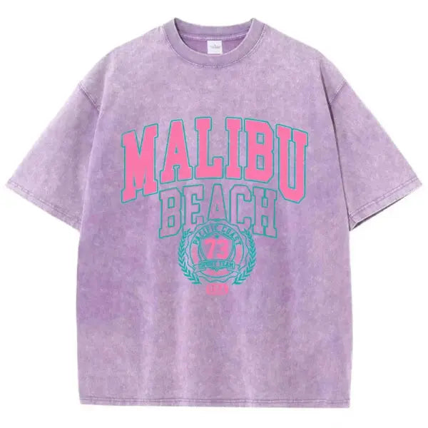 Malibu Beach Vintage Washed T-Shirt - California Coastal Graphic Tee - Oversized Comfort Cotton Crewneck for Women
