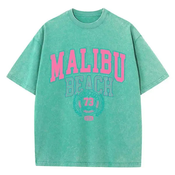 Malibu Beach Washed T-Shirt Women Letter Printing Cotton T Shirt Comfortable Crewneck Tops Casual Oversized Tees Female
