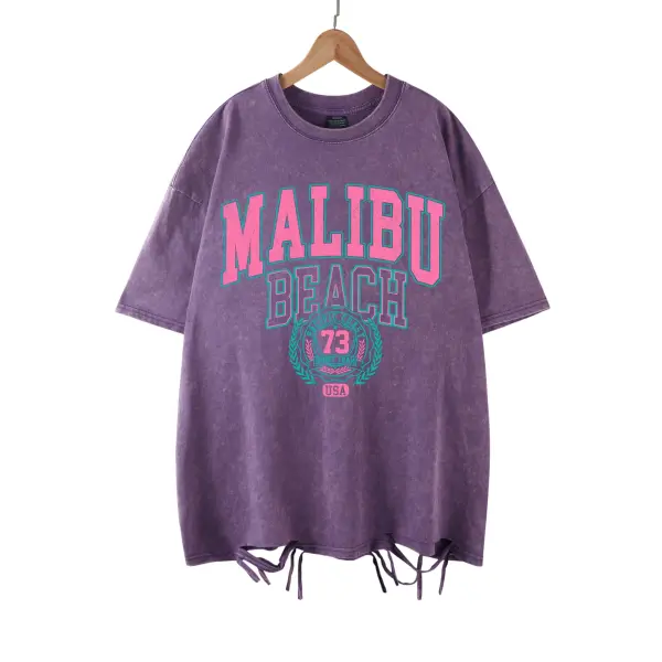 Malibu Beach Vintage Washed T-Shirt - California Coastal Graphic Tee - Oversized Comfort Cotton Crewneck for Women