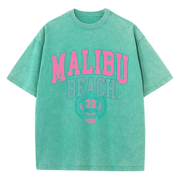 Malibu Beach Vintage Washed T-Shirt - California Coastal Graphic Tee - Oversized Comfort Cotton Crewneck for Women