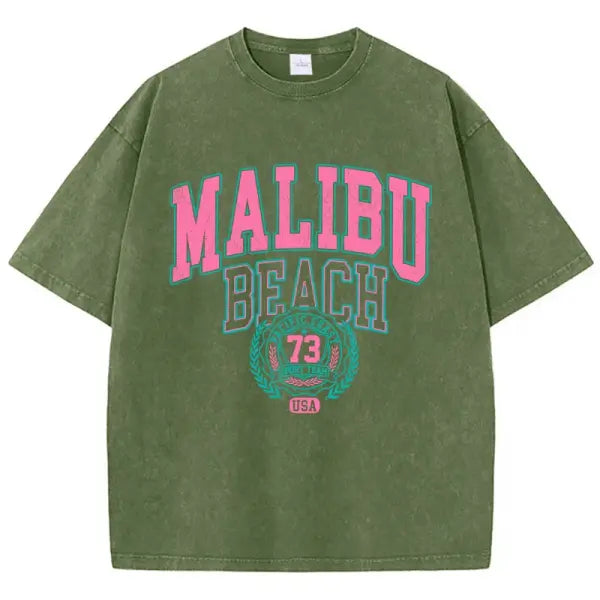 Malibu Beach Vintage Washed T-Shirt - California Coastal Graphic Tee - Oversized Comfort Cotton Crewneck for Women