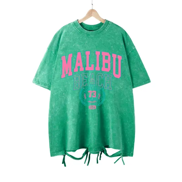 Malibu Beach Vintage Washed T-Shirt - California Coastal Graphic Tee - Oversized Comfort Cotton Crewneck for Women