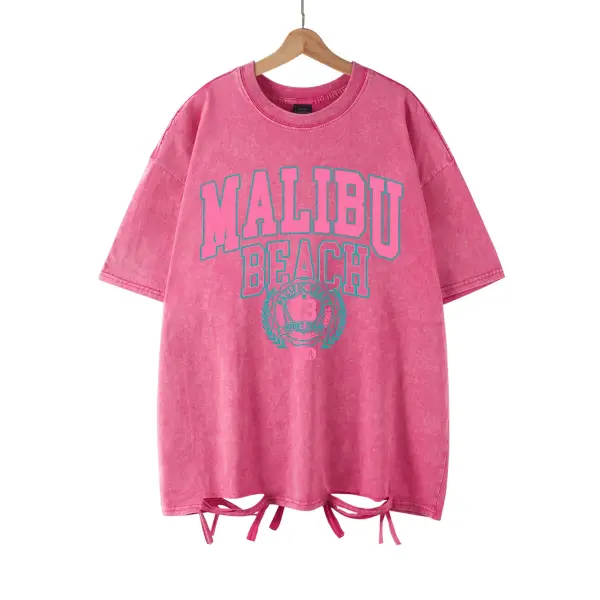 Malibu Beach Vintage Washed T-Shirt - California Coastal Graphic Tee - Oversized Comfort Cotton Crewneck for Women