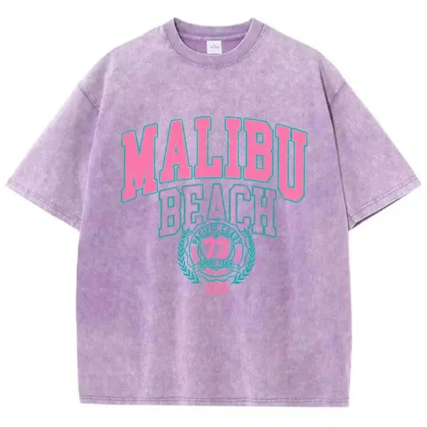 Malibu Beach Washed T-Shirt Women Letter Printing Cotton T Shirt Comfortable Crewneck Tops Casual Oversized Tees Female