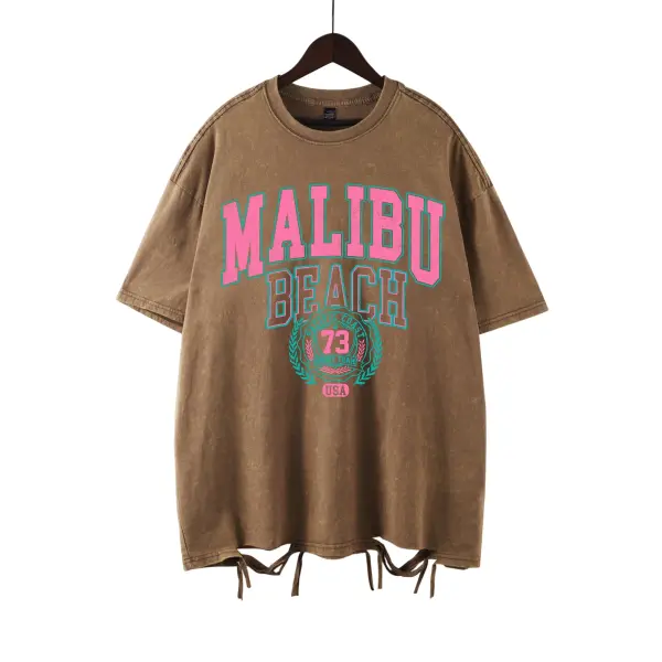 Malibu Beach Vintage Washed T-Shirt - California Coastal Graphic Tee - Oversized Comfort Cotton Crewneck for Women