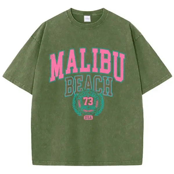 Malibu Beach Washed T-Shirt Women Letter Printing Cotton T Shirt Comfortable Crewneck Tops Casual Oversized Tees Female