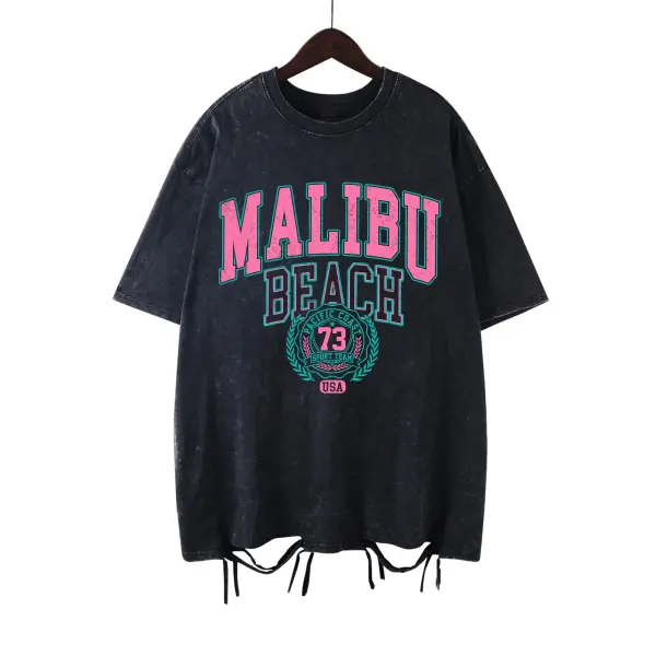 Malibu Beach Vintage Washed T-Shirt - California Coastal Graphic Tee - Oversized Comfort Cotton Crewneck for Women
