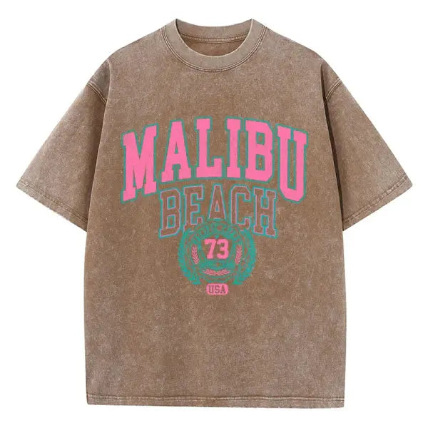Malibu Beach Vintage Washed T-Shirt - California Coastal Graphic Tee - Oversized Comfort Cotton Crewneck for Women