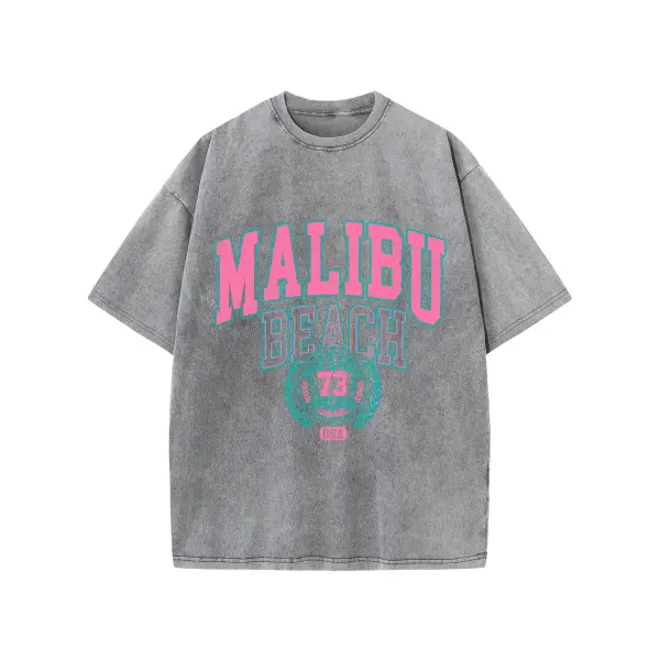 Malibu Beach Vintage Washed T-Shirt - California Coastal Graphic Tee - Oversized Comfort Cotton Crewneck for Women
