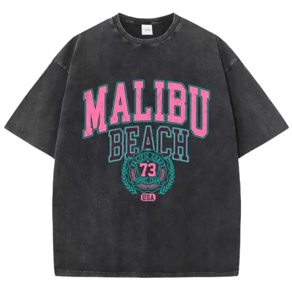 Malibu Beach Washed T-Shirt Women Letter Printing Cotton T Shirt Comfortable Crewneck Tops Casual Oversized Tees Female