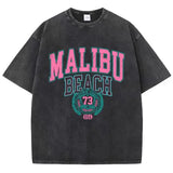 Malibu Beach Washed T-Shirt Women Letter Printing Cotton T Shirt Comfortable Crewneck Tops Casual Oversized Tees Female