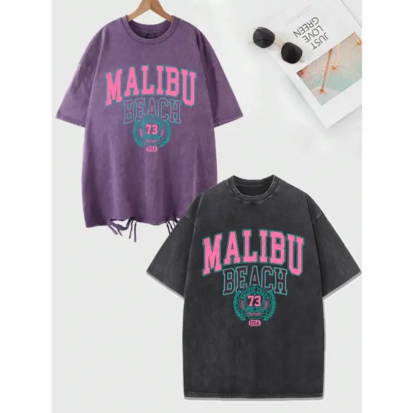 Malibu Beach Vintage Washed T-Shirt - California Coastal Graphic Tee - Oversized Comfort Cotton Crewneck for Women