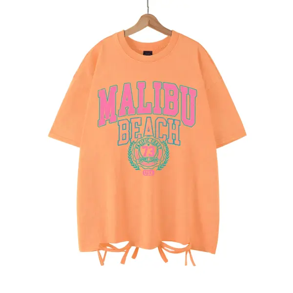 Malibu Beach Vintage Washed T-Shirt - California Coastal Graphic Tee - Oversized Comfort Cotton Crewneck for Women