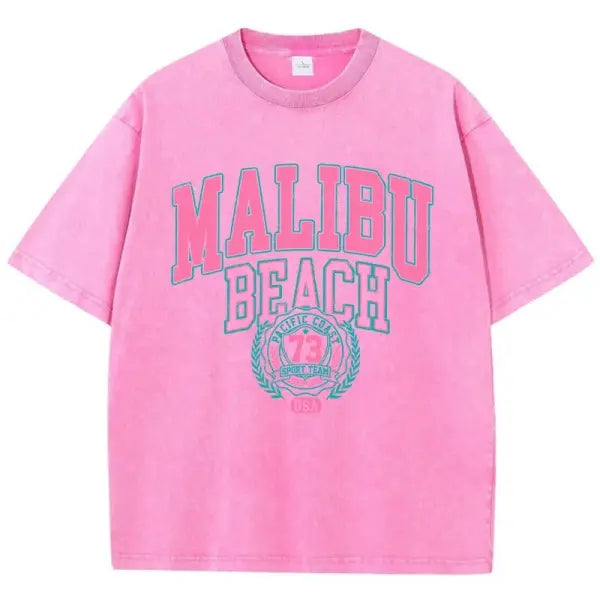 Malibu Beach Washed T-Shirt Women Letter Printing Cotton T Shirt Comfortable Crewneck Tops Casual Oversized Tees Female