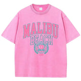 Malibu Beach Washed T-Shirt Women Letter Printing Cotton T Shirt Comfortable Crewneck Tops Casual Oversized Tees Female