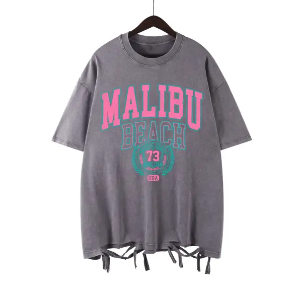 Malibu Beach Vintage Washed T-Shirt - California Coastal Graphic Tee - Oversized Comfort Cotton Crewneck for Women