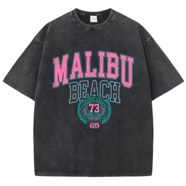 Malibu Beach Vintage Washed T-Shirt - California Coastal Graphic Tee - Oversized Comfort Cotton Crewneck for Women