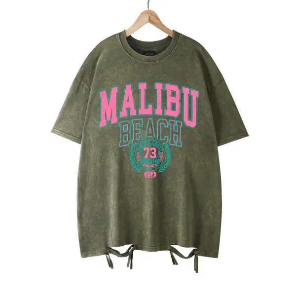 Malibu Beach Vintage Washed T-Shirt - California Coastal Graphic Tee - Oversized Comfort Cotton Crewneck for Women