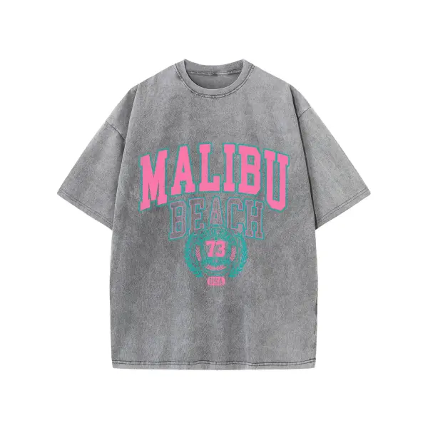 Malibu Beach Washed T-Shirt Women Letter Printing Cotton T Shirt Comfortable Crewneck Tops Casual Oversized Tees Female
