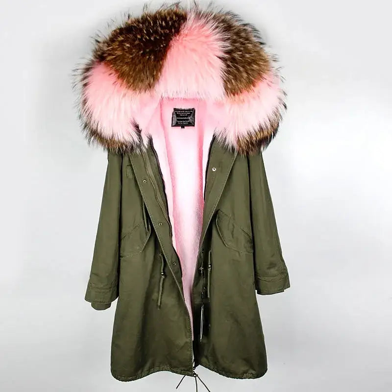 Maomaokong Winter Woman Natural Fur Overcoat Plus Size Black Parkas Raccoon Real Fur Lining Extra Larg Warm Jacket