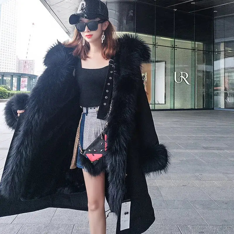 Maomaokong Winter Woman Natural Fur Overcoat Plus Size Black Parkas Raccoon Real Fur Lining Extra Larg Warm Jacket