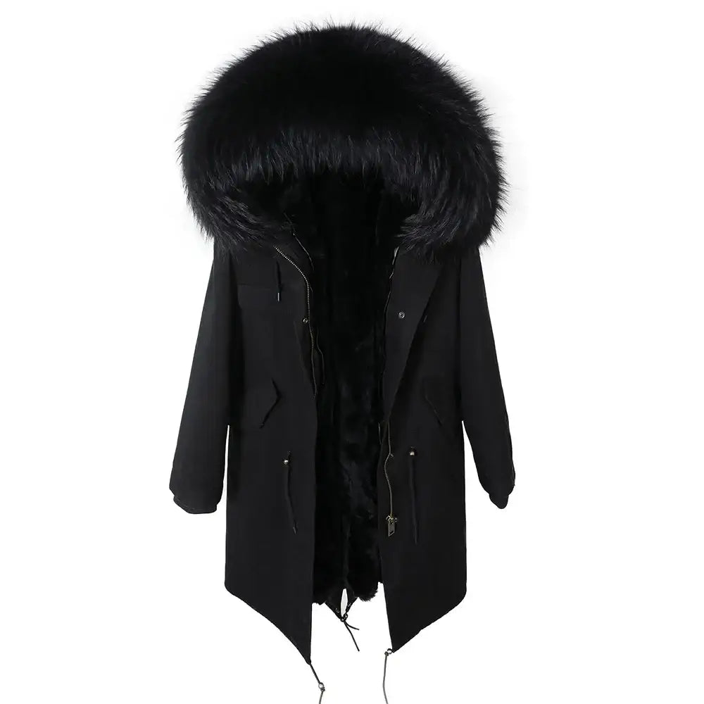 Maomaokong Winter Woman Natural Fur Overcoat Plus Size Black Parkas Raccoon Real Fur Lining Extra Larg Warm Jacket