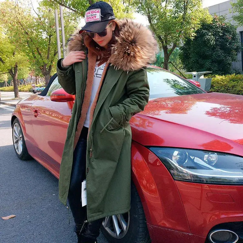 Maomaokong Winter Woman Natural Fur Overcoat Plus Size Black Parkas Raccoon Real Fur Lining Extra Larg Warm Jacket