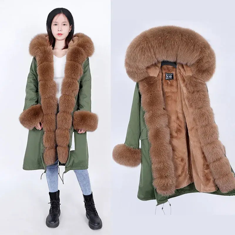 Maomaokong Winter Woman Natural Fur Overcoat Plus Size Black Parkas Raccoon Real Fur Lining Extra Larg Warm Jacket