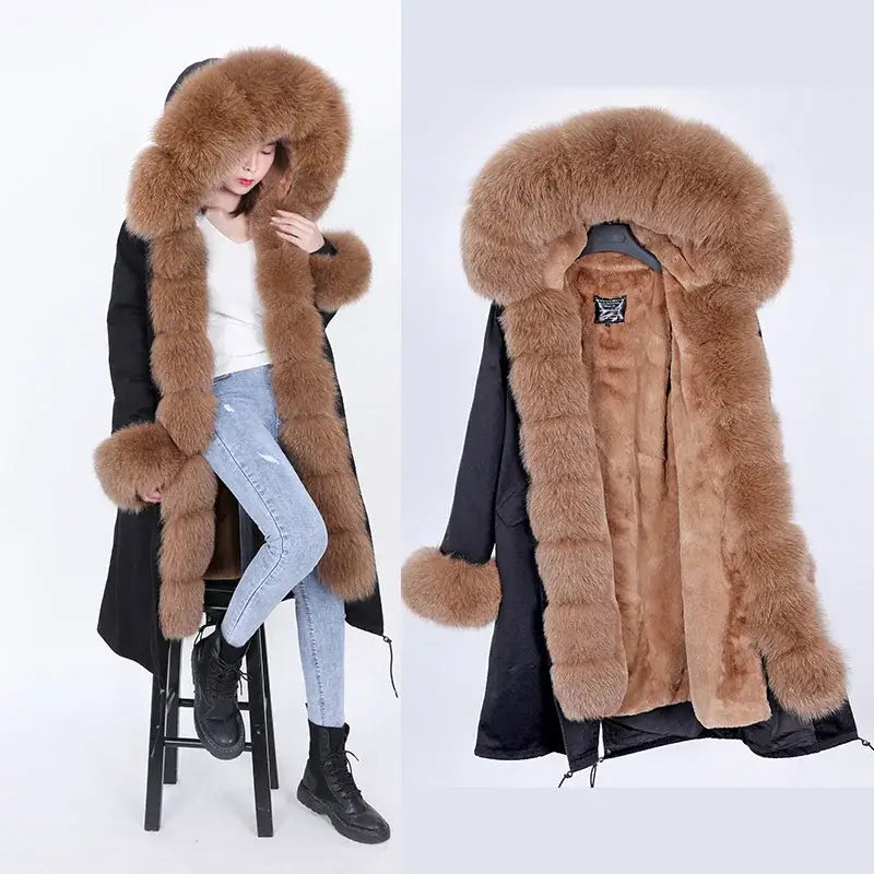 Maomaokong Winter Woman Natural Fur Overcoat Plus Size Black Parkas Raccoon Real Fur Lining Extra Larg Warm Jacket