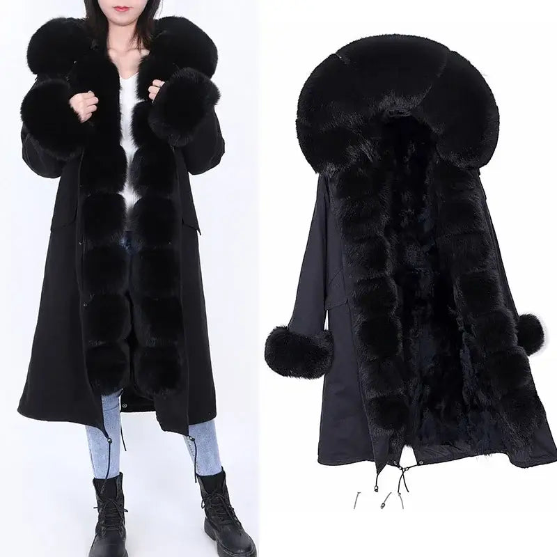 Maomaokong Winter Woman Natural Fur Overcoat Plus Size Black Parkas Raccoon Real Fur Lining Extra Larg Warm Jacket