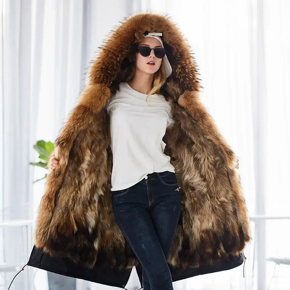 Maomaokong Winter Woman Natural Fur Overcoat Plus Size Black Parkas Raccoon Real Fur Lining Extra Larg Warm Jacket