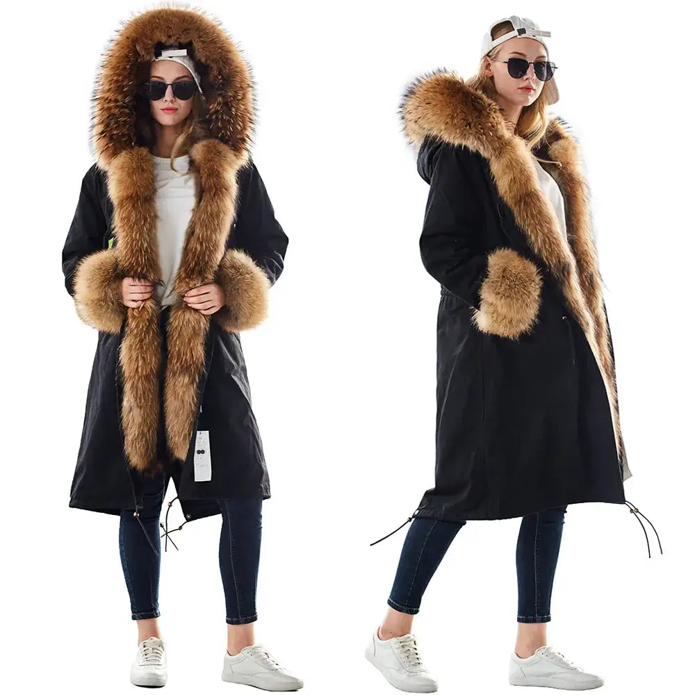 Maomaokong Winter Woman Natural Fur Overcoat Plus Size Black Parkas Raccoon Real Fur Lining Extra Larg Warm Jacket