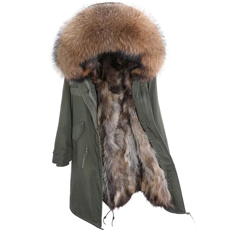 Maomaokong Winter Woman Natural Fur Overcoat Plus Size Black Parkas Raccoon Real Fur Lining Extra Larg Warm Jacket